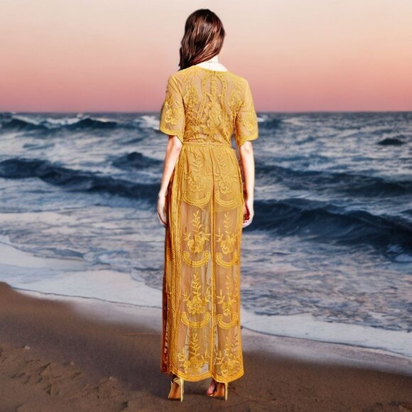 Honey Punch Floral Lace Maxi Dress Mesh Open Slit Short Attach Romper Boho Small - Picture 5 of 13